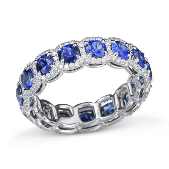 Sapphire and Diamond Halo Eternity Band – Turgeon Raine