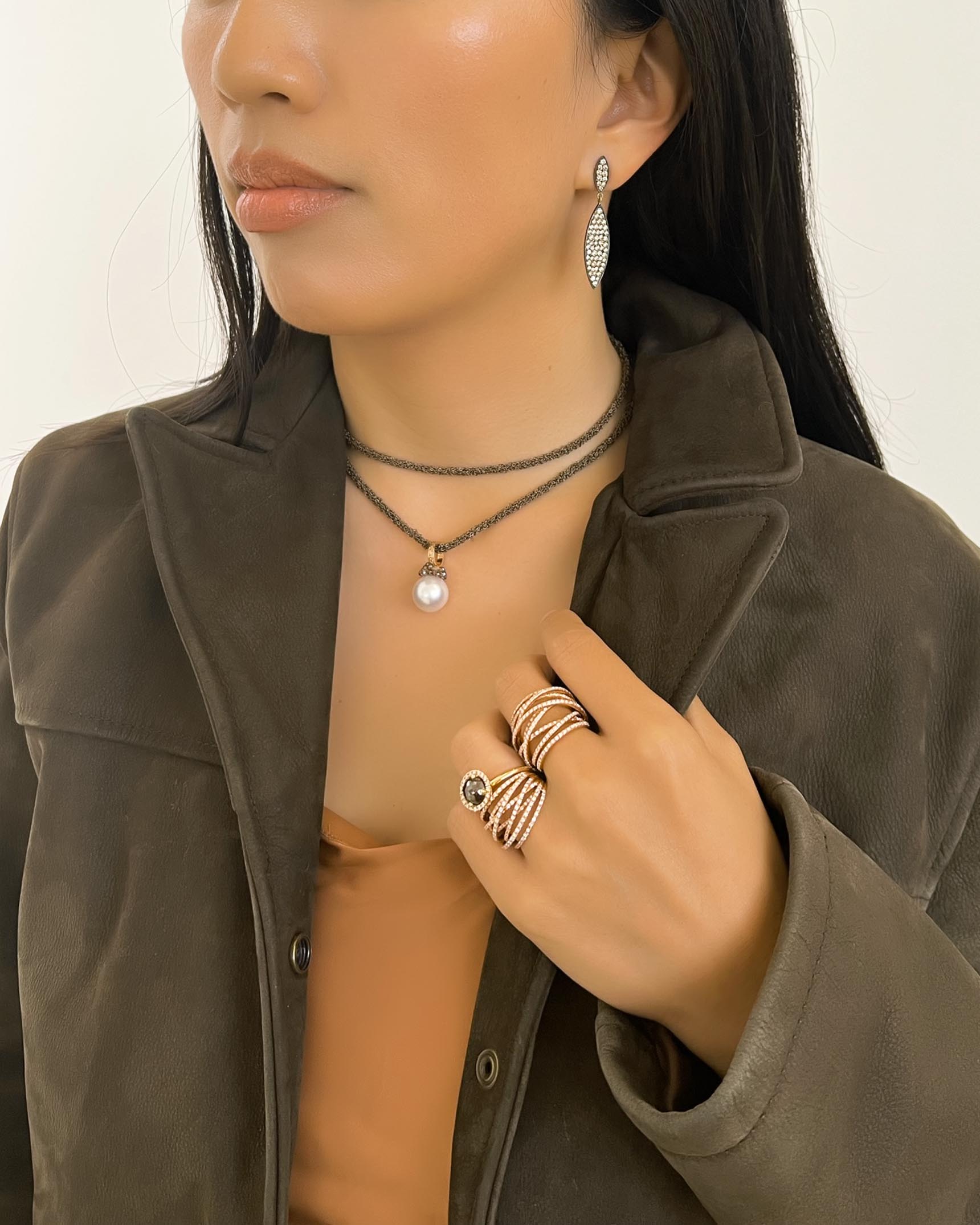 Brown_Pearl and White Diamond Earrings_Necklace and Rings EDFTK03677 – PRLDP00794 – RFDG03855 – RFDG03873 – RFDG03613
