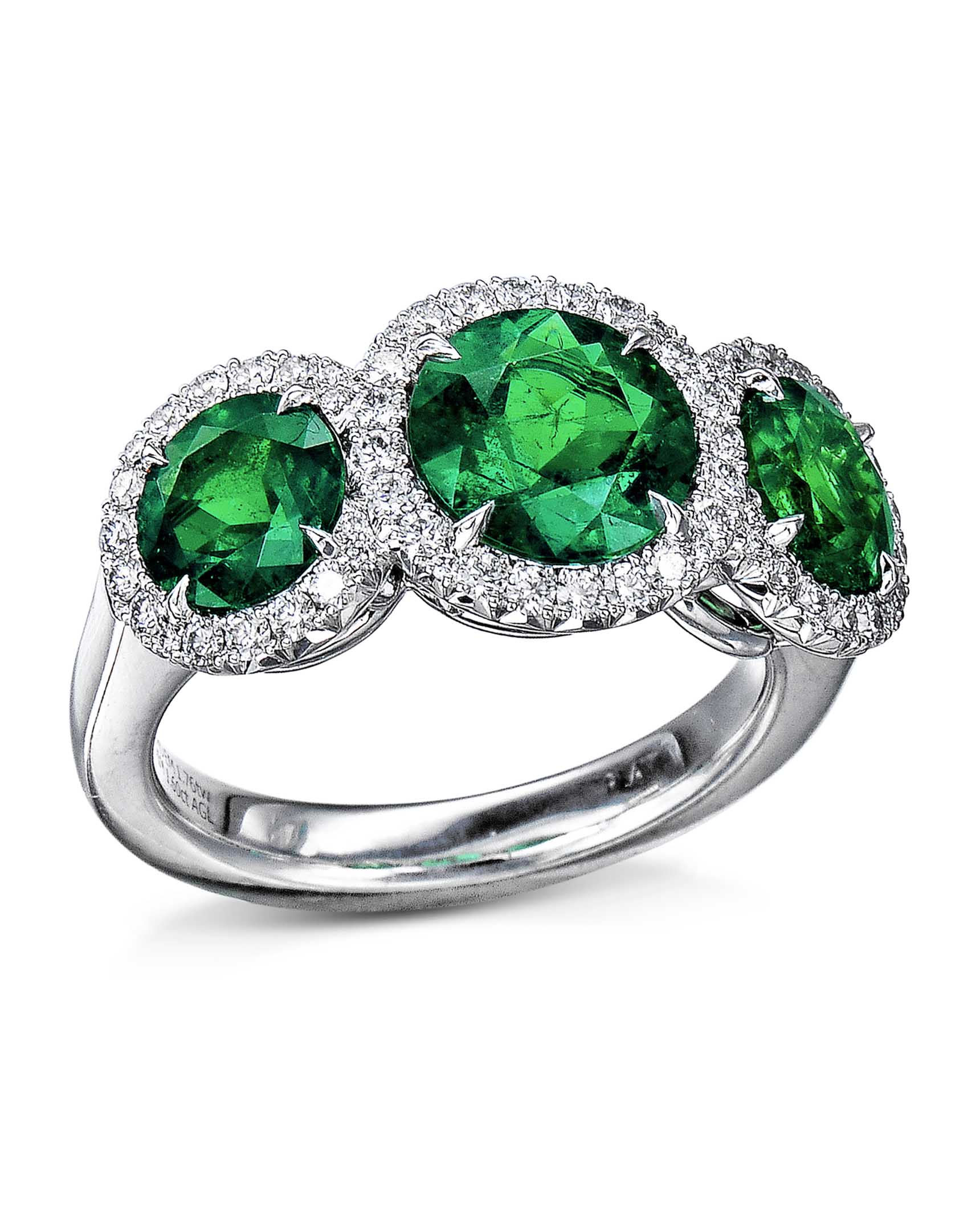 3-Stone Colombian Emerald and Diamond Halo Ring - Turgeon Raine