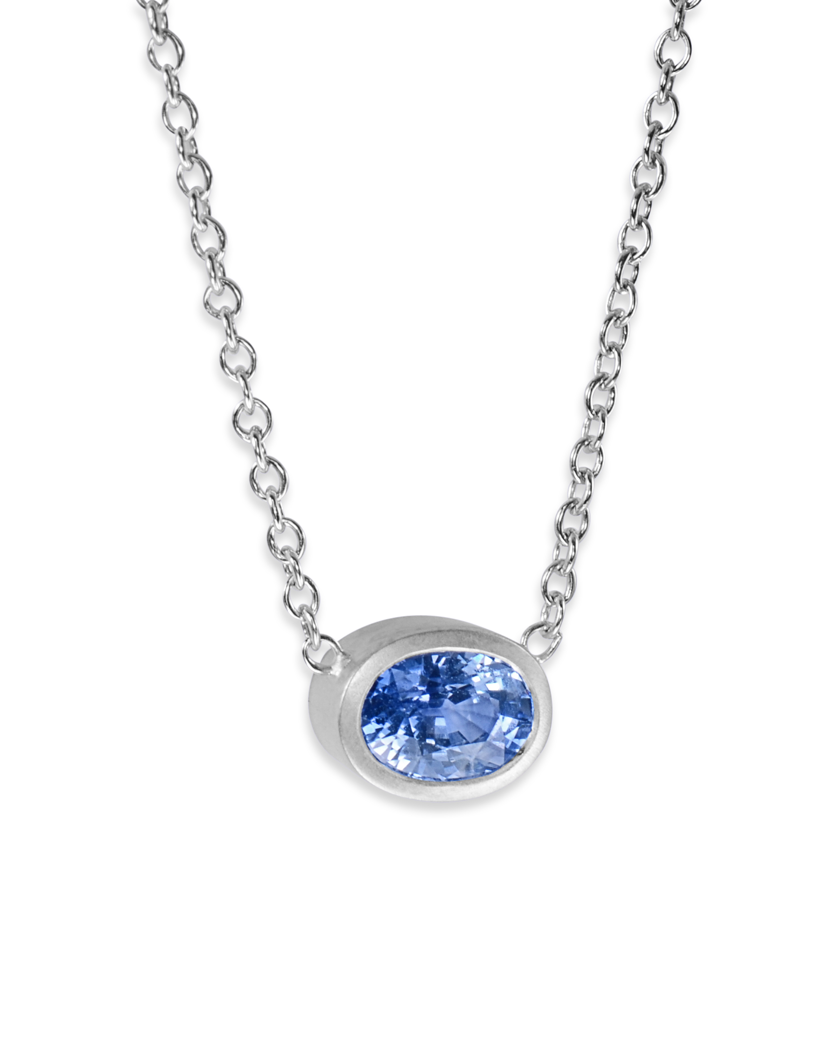 Custom 14K White Gold Bezel Set Cornflower Blue Sapphire Necklace, 18 –  Ferro Jewelers