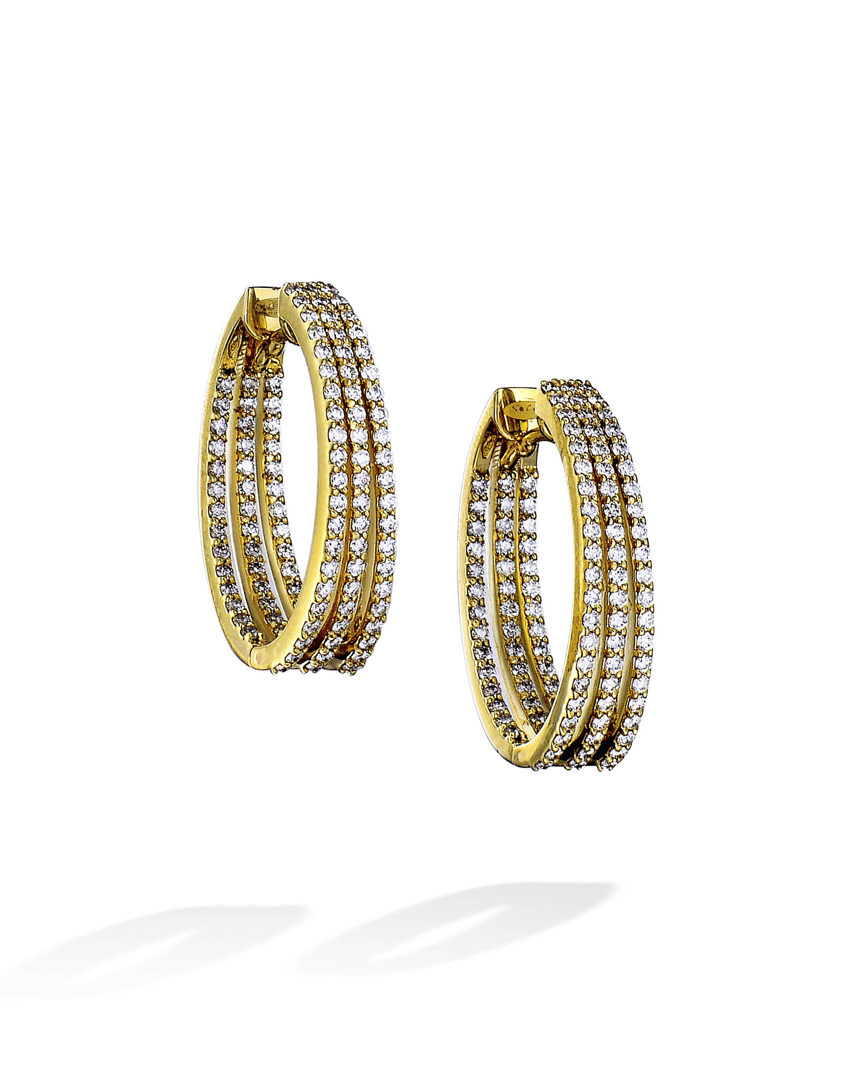 Yellow Gold and Diamond 3Row Inside and Out Oval Hoop Earrings