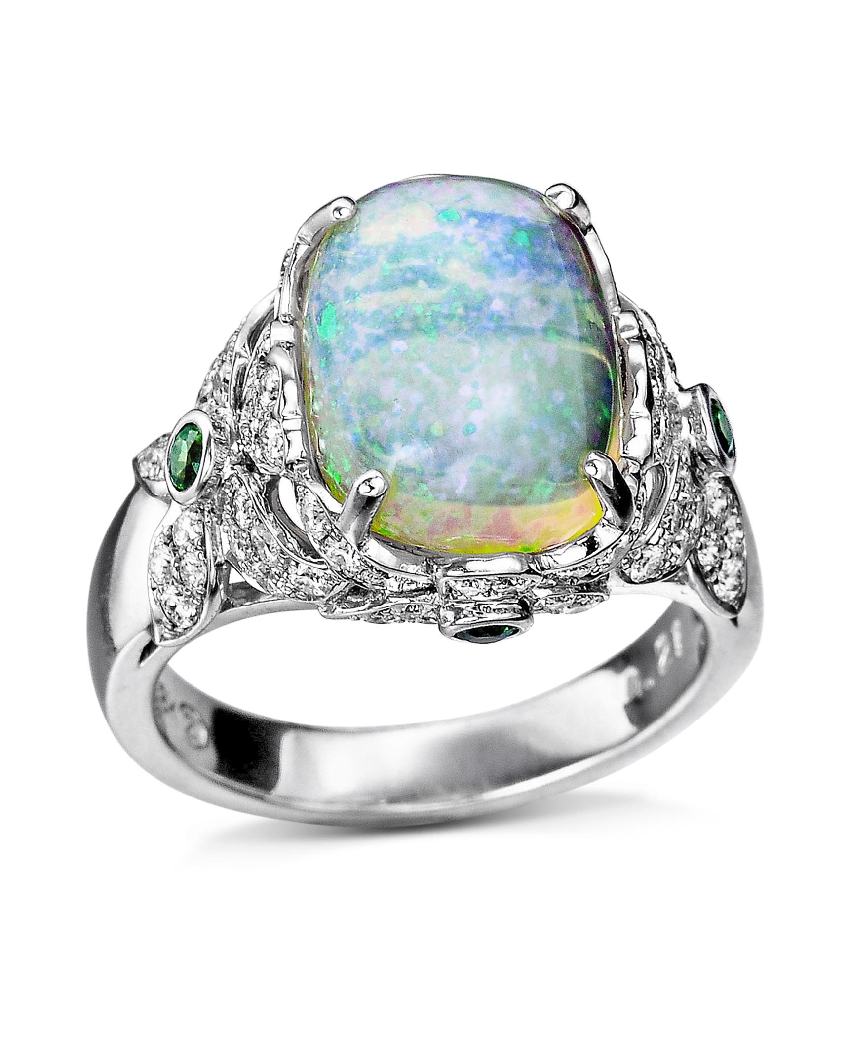 Ethiopian Opal, Diamond, and Tsavorite White Gold Ring - Turgeon Raine