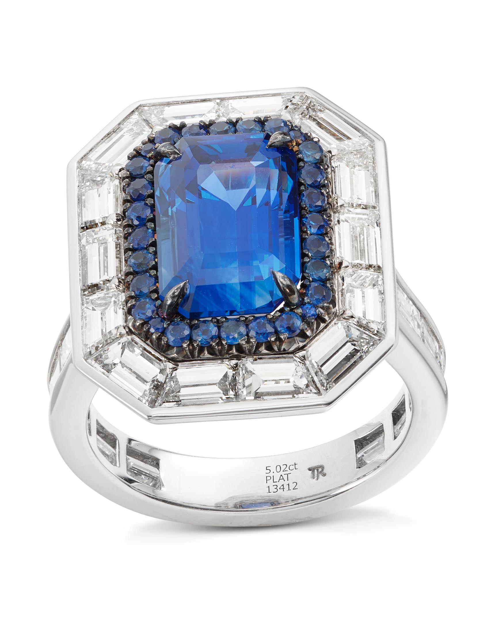 Blue Sapphire and Baguette Diamond Halo Ring - Turgeon Raine
