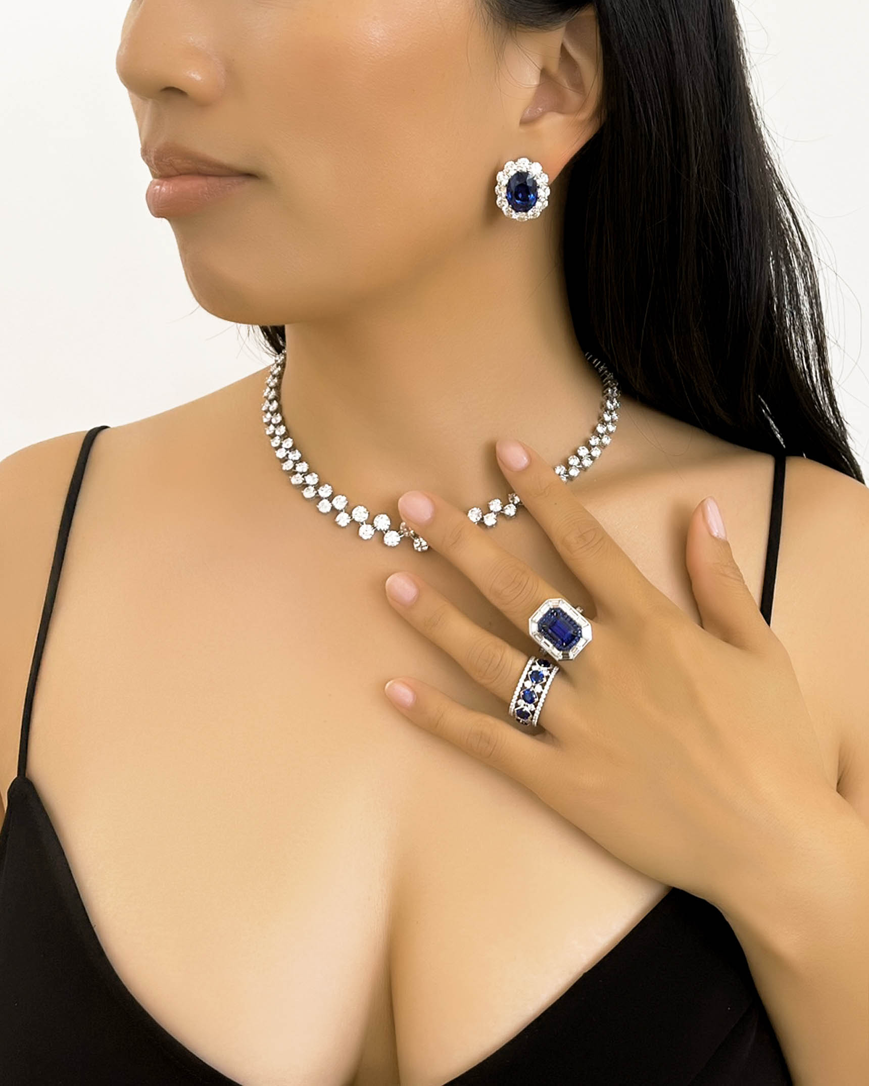 Blue Sapphire and Diamond Earrings_ Necklace and Rings ECDKK02847 – NDOTK00422 – RACDS00687 – RCDSA03052 (second look)