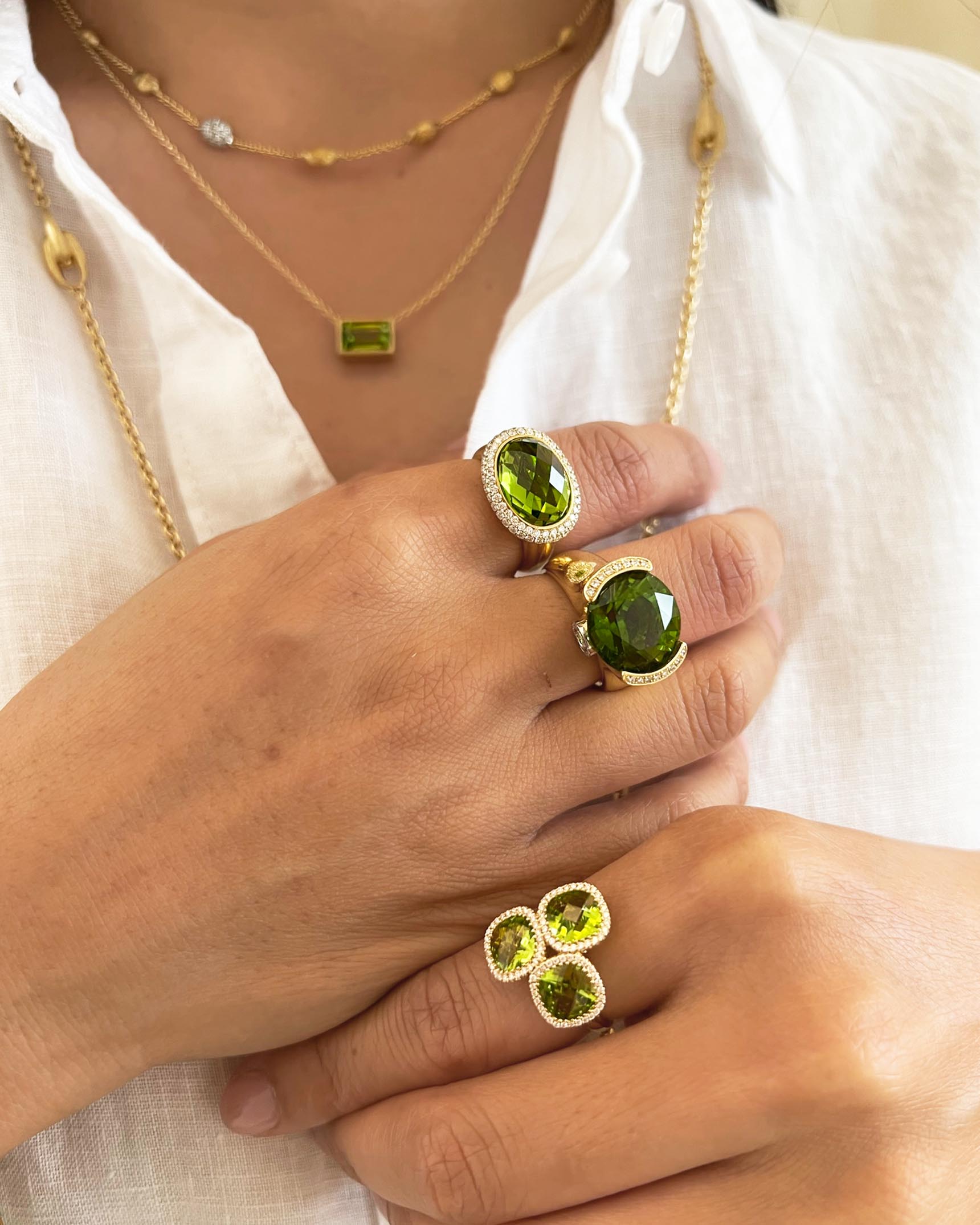 Peridot Rings and Pendant and Yellow Gold Necklaces RCDMS02856 – RCDMS02286 – RFMM00232 – PNCMS01303 – NDU5K02507 – NECKG03481 XX